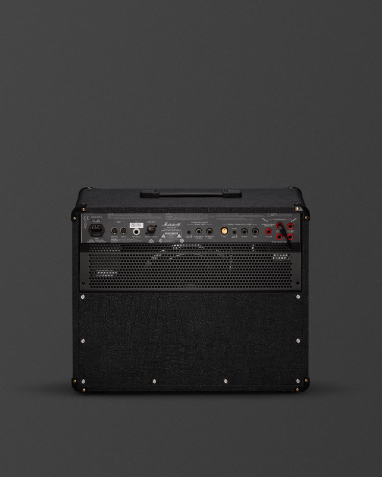 A black Marshall JVM215C combo amp seen from the back