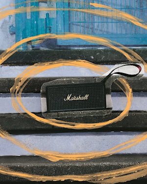 Marshall Middleton II Black and Brass portable Bluetooth speaker with a handle sits on outdoor steps, surrounded by orange swirl graphics.