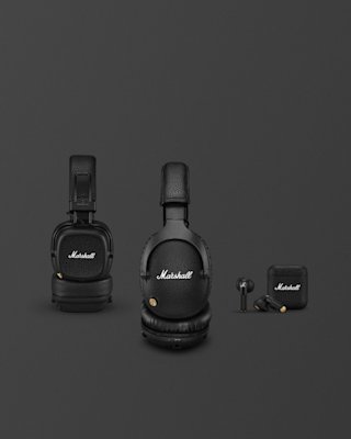 Ein schwarzer Kopfhörer von Marshall auf grauem Hintergrund.