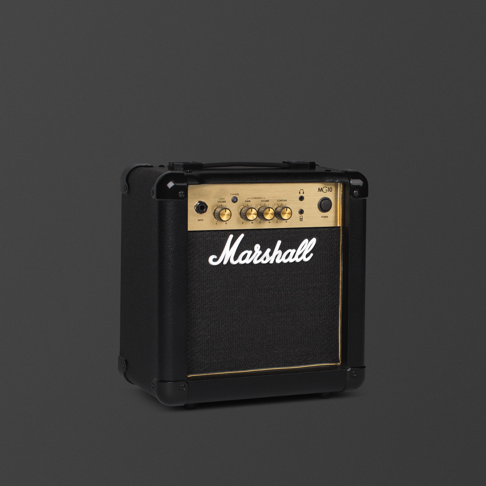 Marshall's MG10 black amplifier with gold knobs.  
