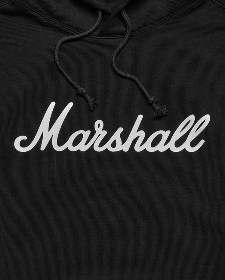 Standard Issue Script Hoodie in black script front closeup