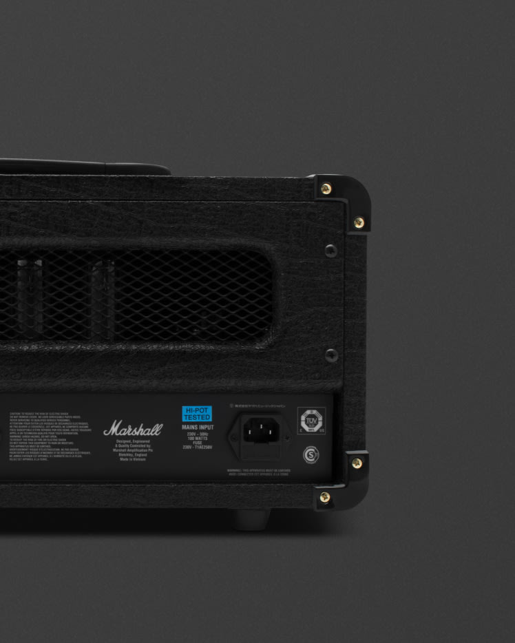 The power cable entry on the back of the Marshall DSL20 Head amp.