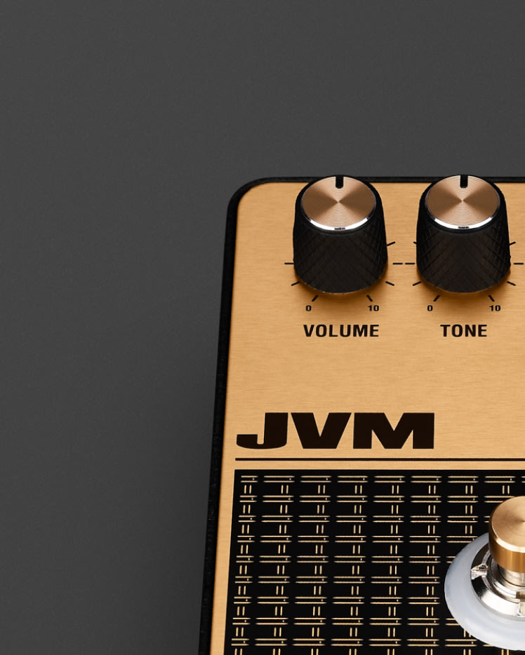 The volume and tone control knobs of the Marshall JVM Overdrive pedal.