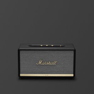 A Marshall Stanmore II Bluetooth speaker featuring a textured grille and gold accents against a dark gray background.