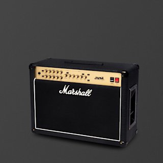 A black and brass Marshall JVM210 guitar amplifier with control knobs and switches on the front panel, set against a plain dark background.
