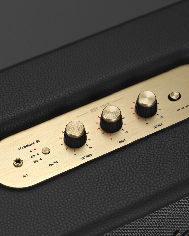 A close up of a black Marshall STANMORE III BLACK amp with gold knobs.