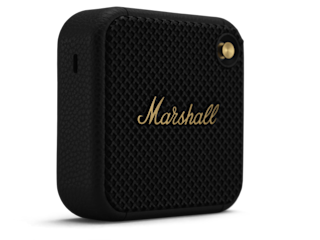 Imagen del altavoz Willen negro y dorado de Marshall desde el lateral y el frontal