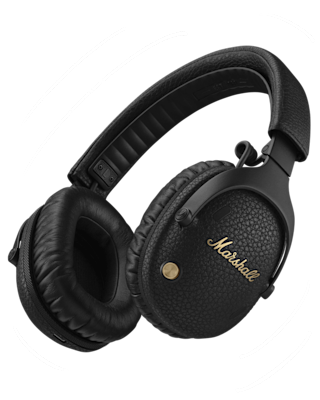 Los auriculares over-ear inalámbricos Marshall Monitor III A.N.C. negros presentan el logotipo de Marshall en dorado, un diseño texturizado y almohadillas acolchadas.