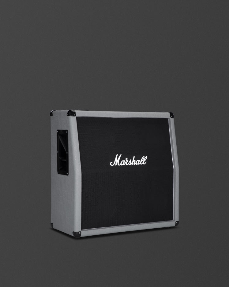 A Marshall 2551AV Silver Jubilee reissue cabinet in silver vinyl on a dark grey background.