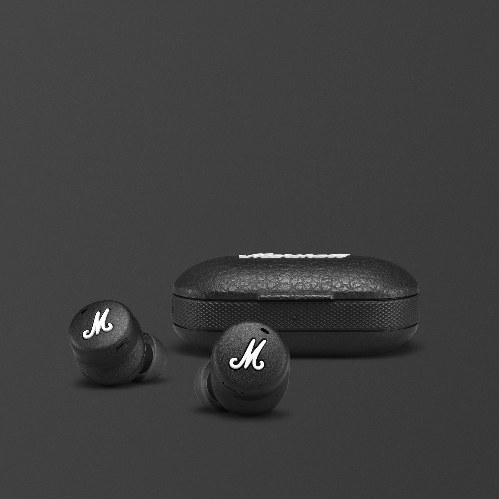 Mode II Black Earbuds front view. 