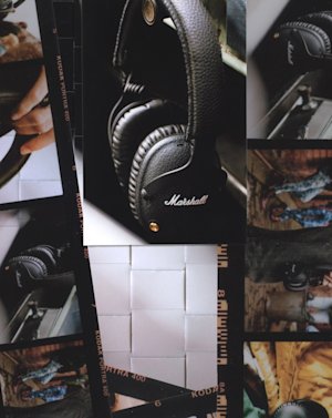 A stunning photo collage featuring sleek black Marshall MONITOR II ANC headphones.