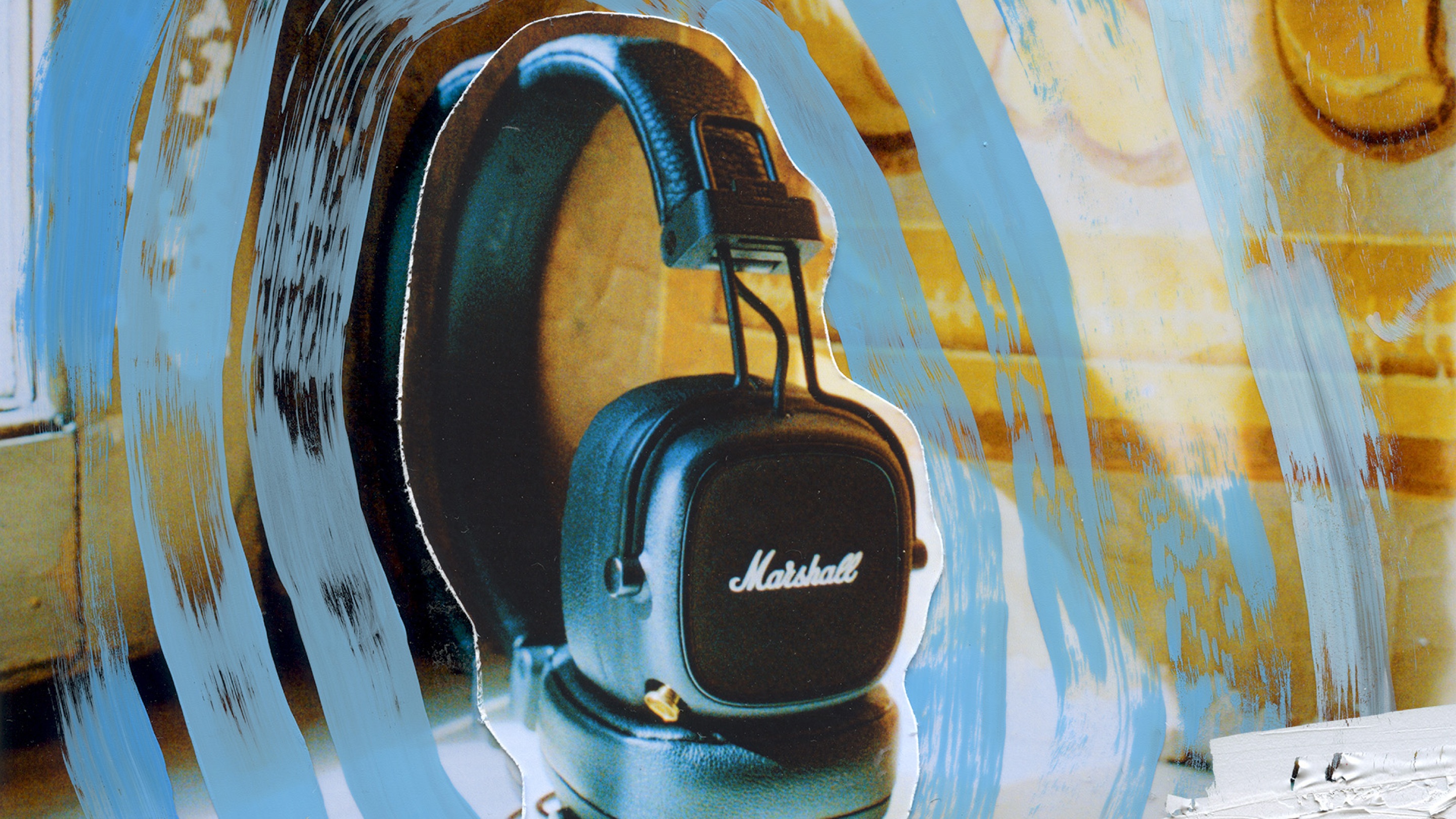 Marshall Major IV Black Headphones with a yellow background