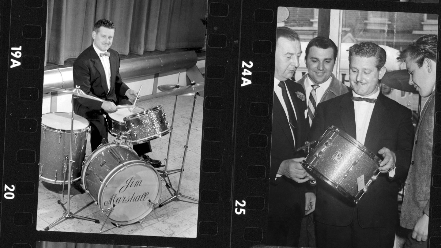 Image en noir et blanc de Jim Marshall jouant de la batterie