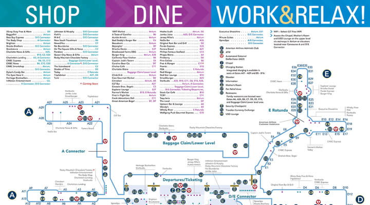 Airport terminal map displaying shop, dine, and relaxation areas, with labeled concourses and amenities.