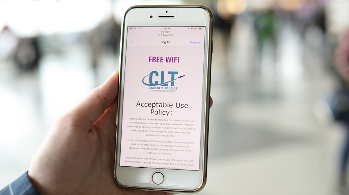 Mobile phone screen with CLT Airport WiFi page information