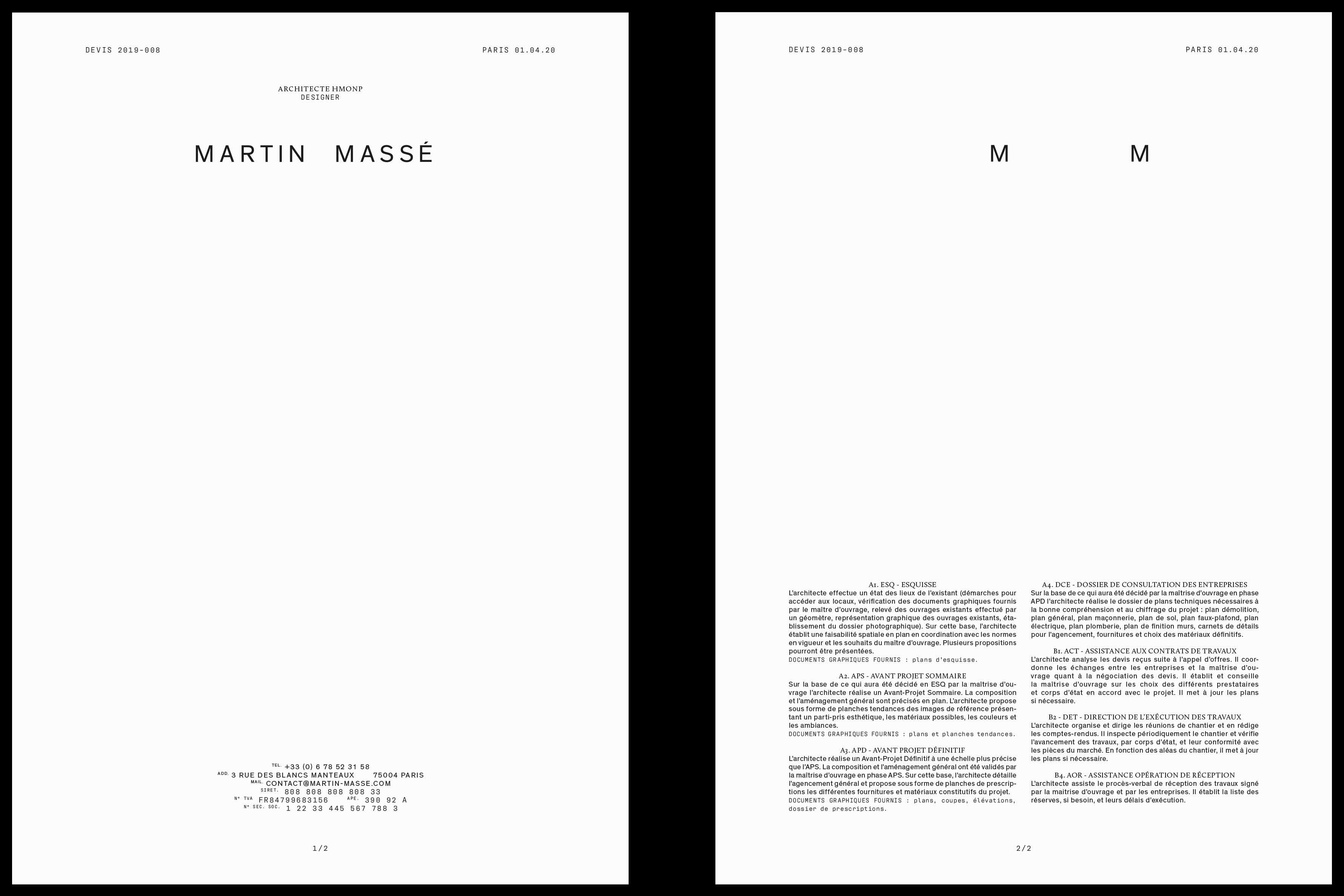Studio Mitsu for Martin Masse Architect and designer. 
Graphic design, visual identity, business card, letterhead, stationary, typography, design.