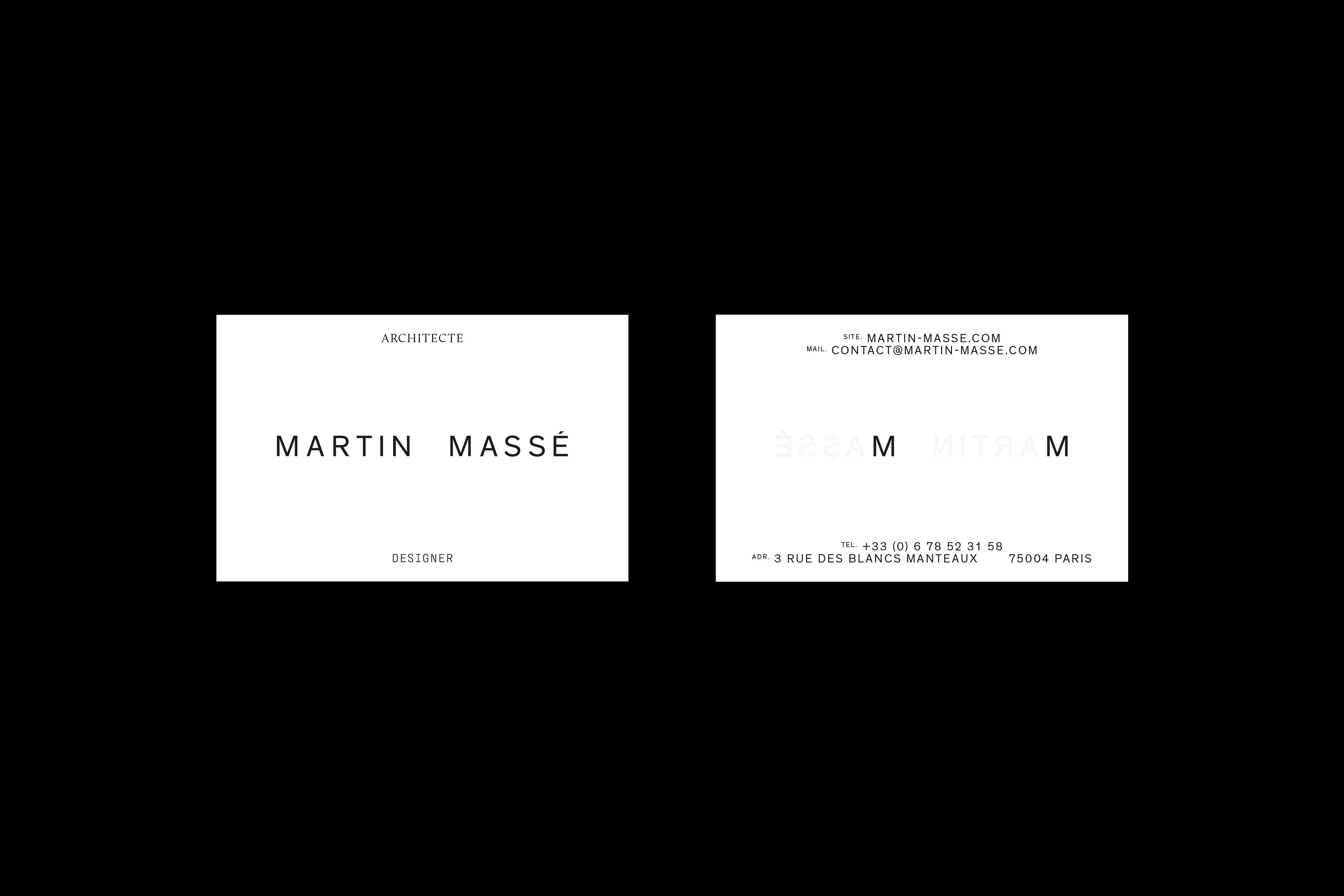 Studio Mitsu for Martin Masse Architect and designer. 
Graphic design, visual identity, business card, stationary, typography, design.