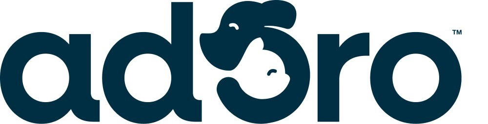 Adoro pet insurance logo with a dog embracing a cat as the first "o" in "adoro."
