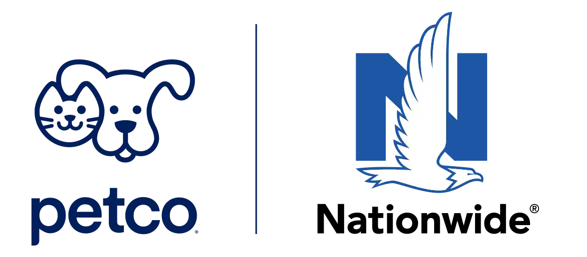 The Petco and Nationwide logos side-by-side representing the patnership to offer white label pet insurance.