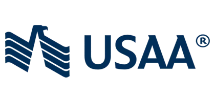 USAA logo featuring a stylized eagle and the letters "USAA" in bold navy blue font.