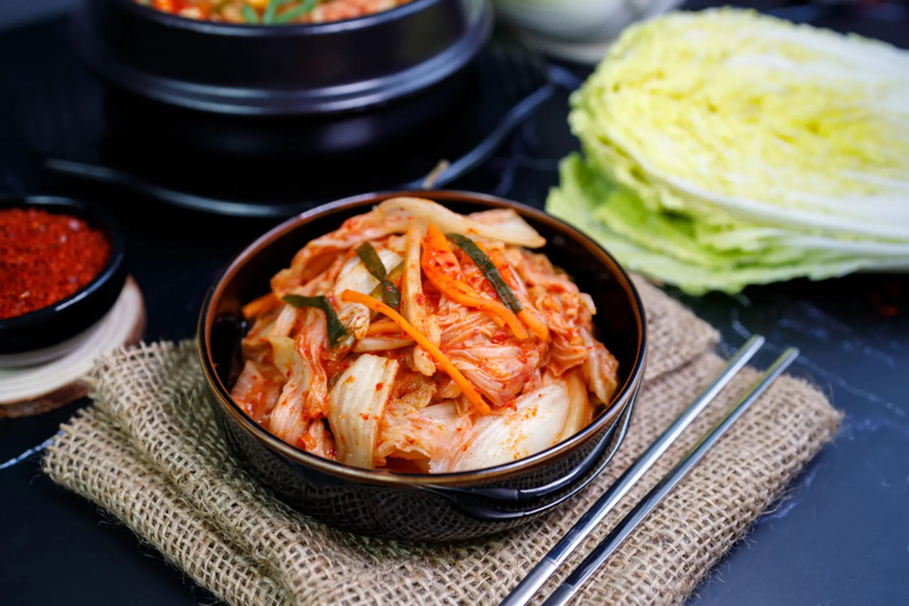 A bowl of fermented cabbage (kimchi).