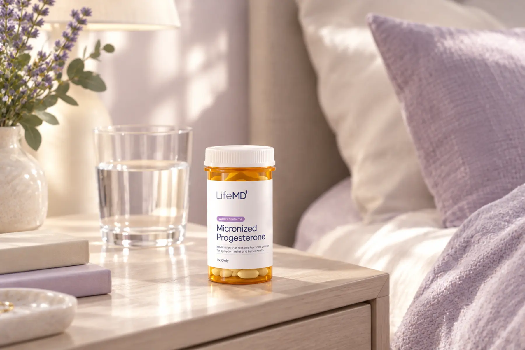 LifeMD branded micronized progesterone pill bottle on nightstand