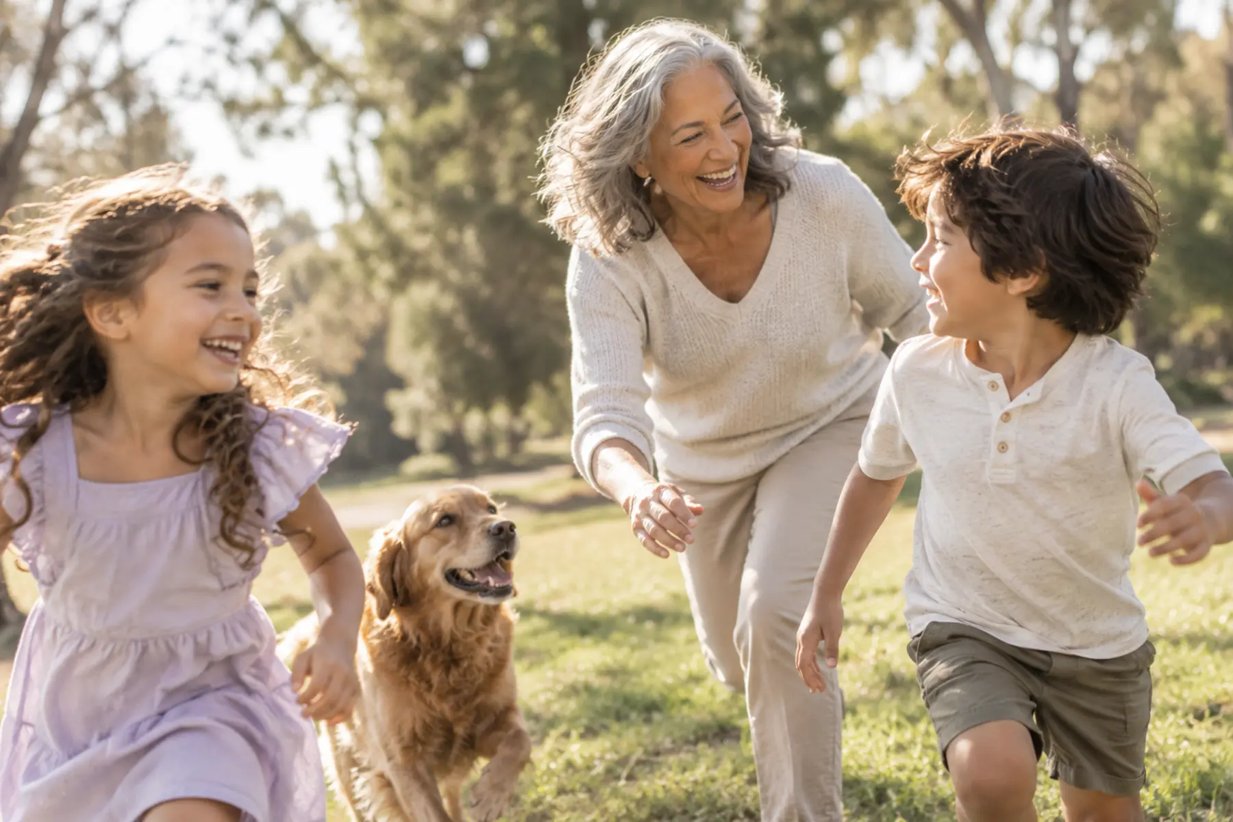 Woman in her 60s plays in park with her grandkids and dog