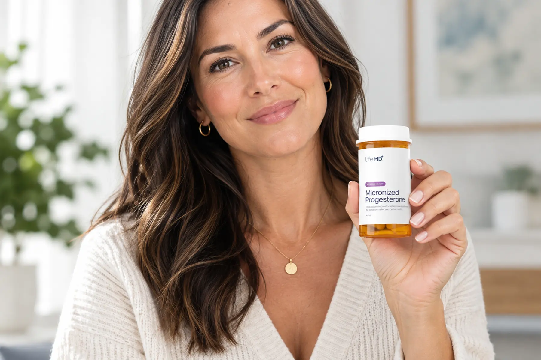 Woman in her early 40s holding up a lifemd branded progesterone pill bottle.