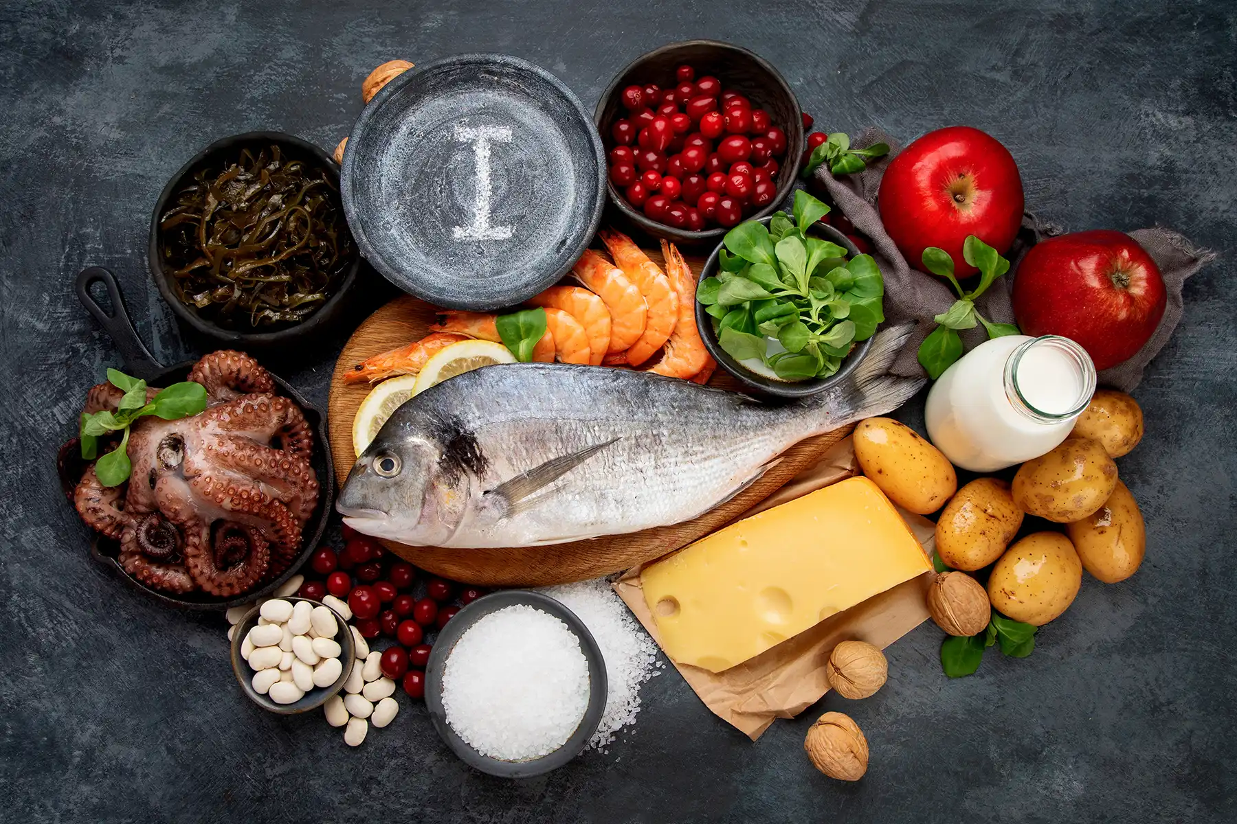 Assortment of foods high in iodine