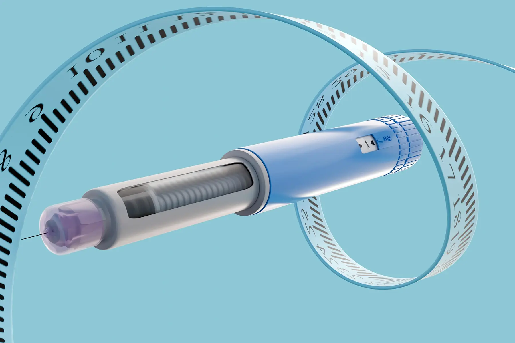 3D rendering of a GLP-1 agonist injector pen, a weight loss medication, with a medical measuring tape or ruler spiraling dynamically around its form.