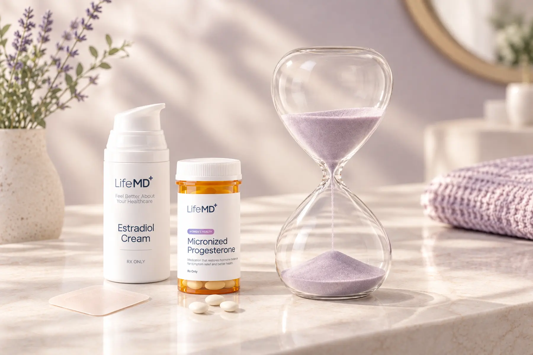 LifeMD branded HR medication next to a sand timer