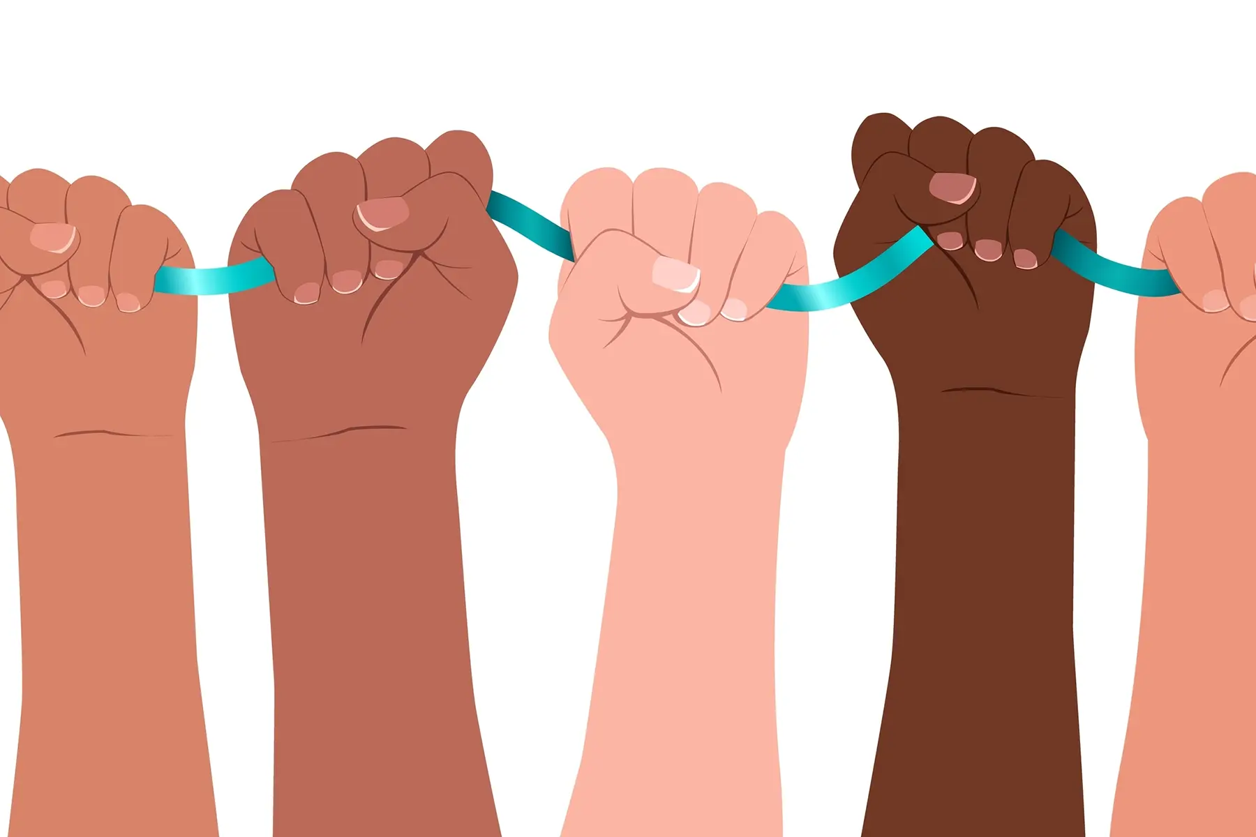 Graphic of diverse female hands holding the PMOS ribbon