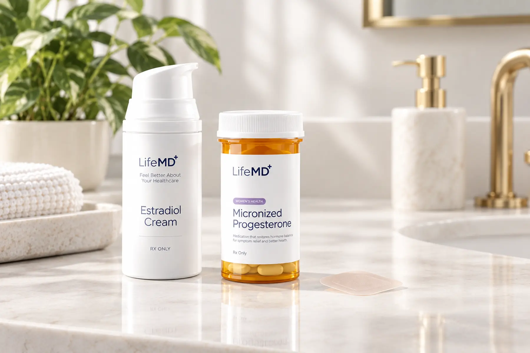 LifeMD branded estrogen cream and patch and micronized progesterone on a bathroom sink