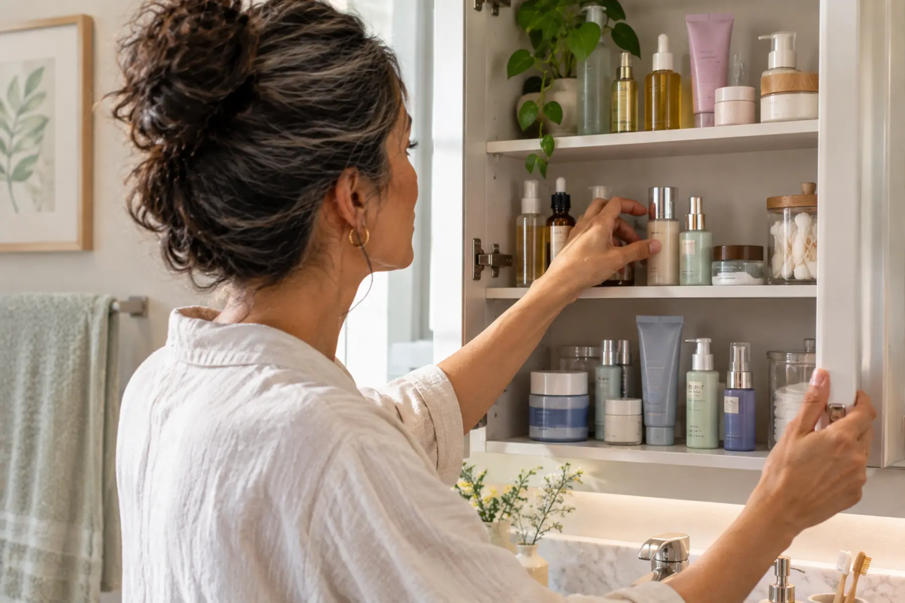 Women in midlife opening the bathroom cabinet to look for skincare products