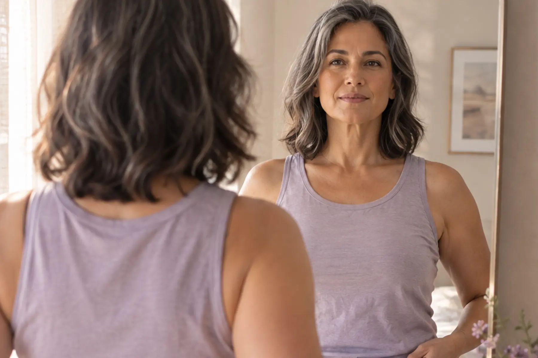 Woman in her 50s looking in the mirror