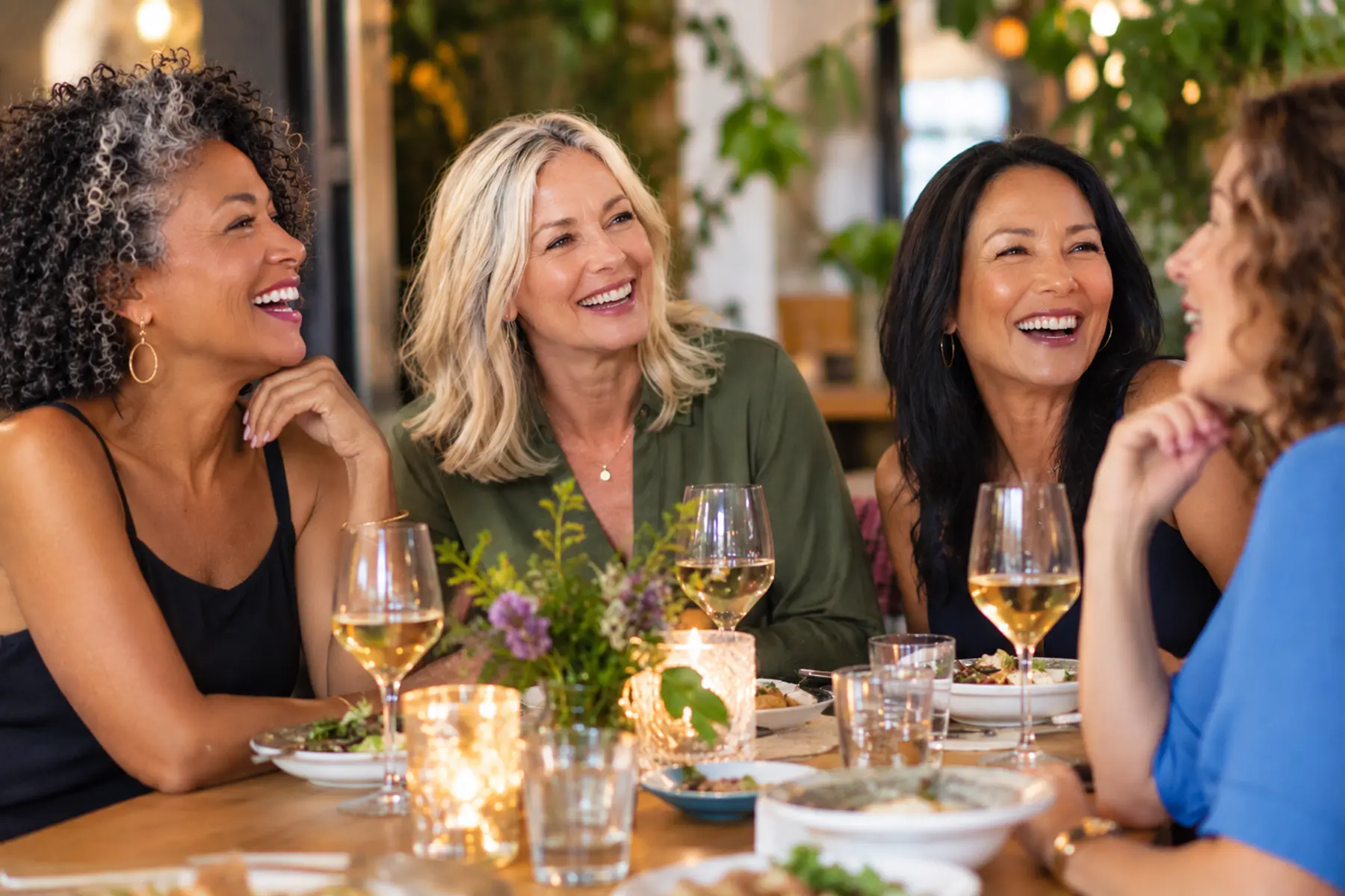 4 diverse 60 year old women sharing a laugh over brunch.