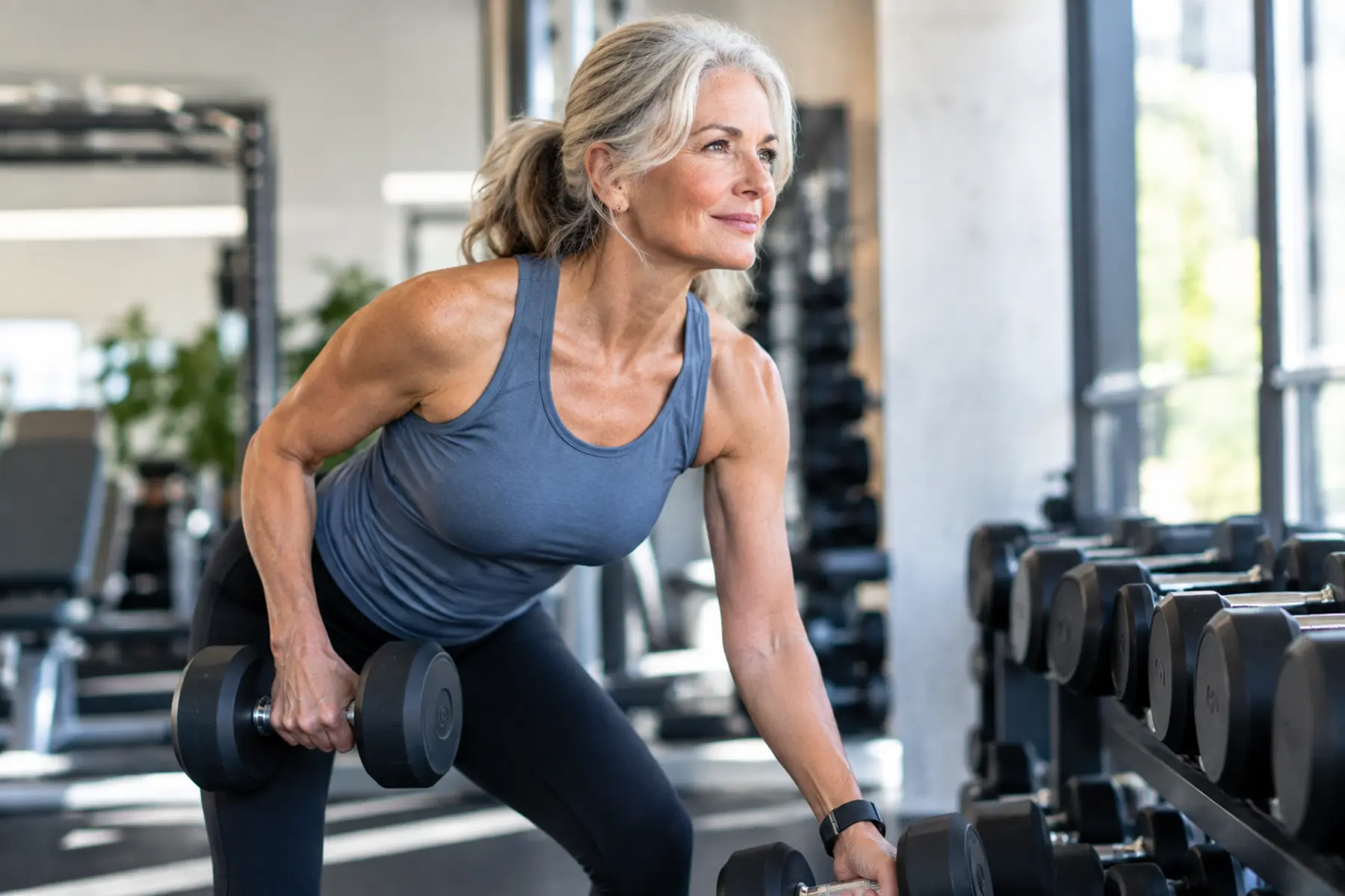 Woman in midlife lifting weights at the gym.