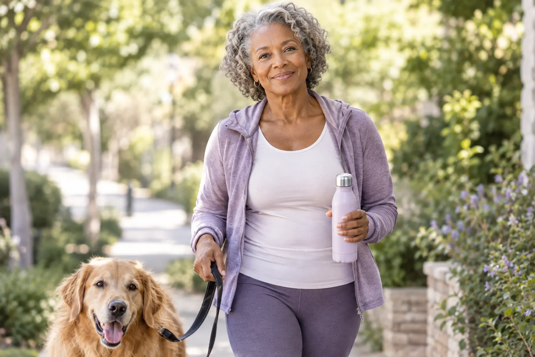 woman in her 60s walking her dog.