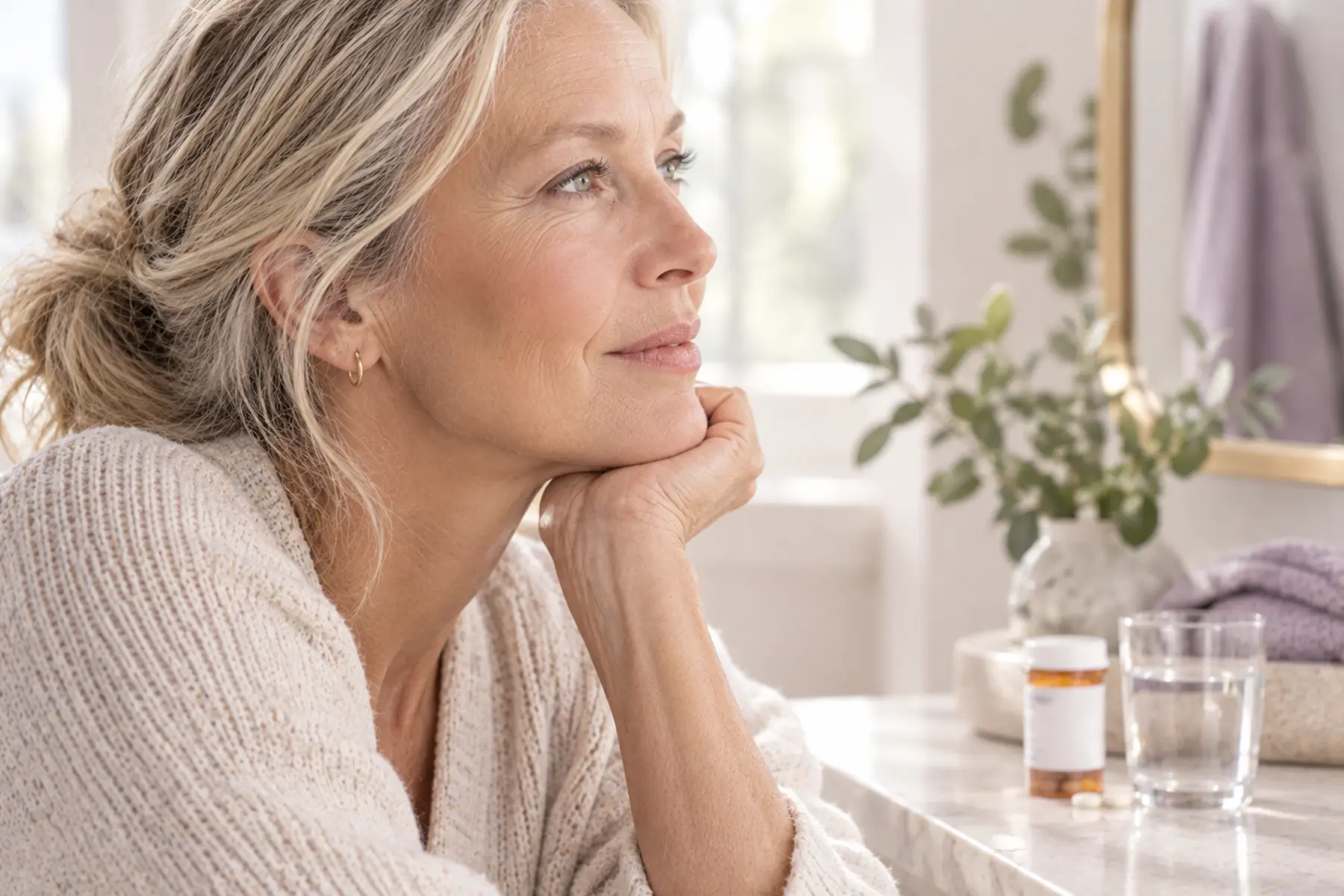 Pensive woman in her 60s 