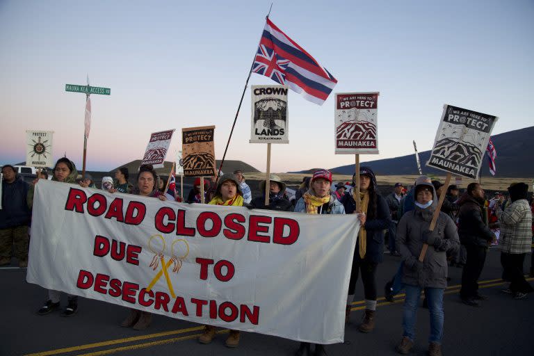 Mauna Kea Protest - Closed Due To Desecration - Protesters blocking the Mauna Kea access road. 