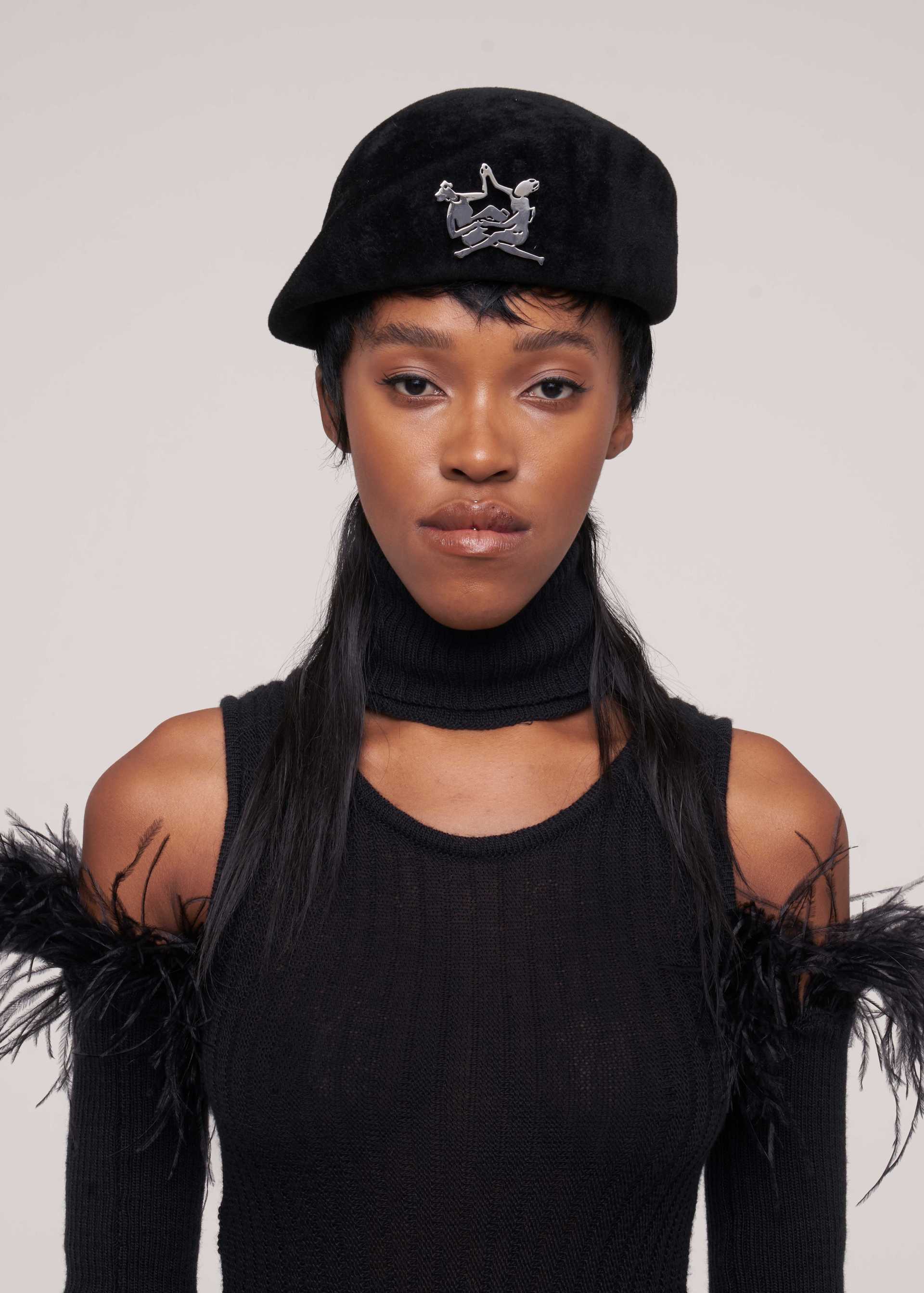 Black Sleeveless Collarbone Knitted Dress — THEBE MAGUGU