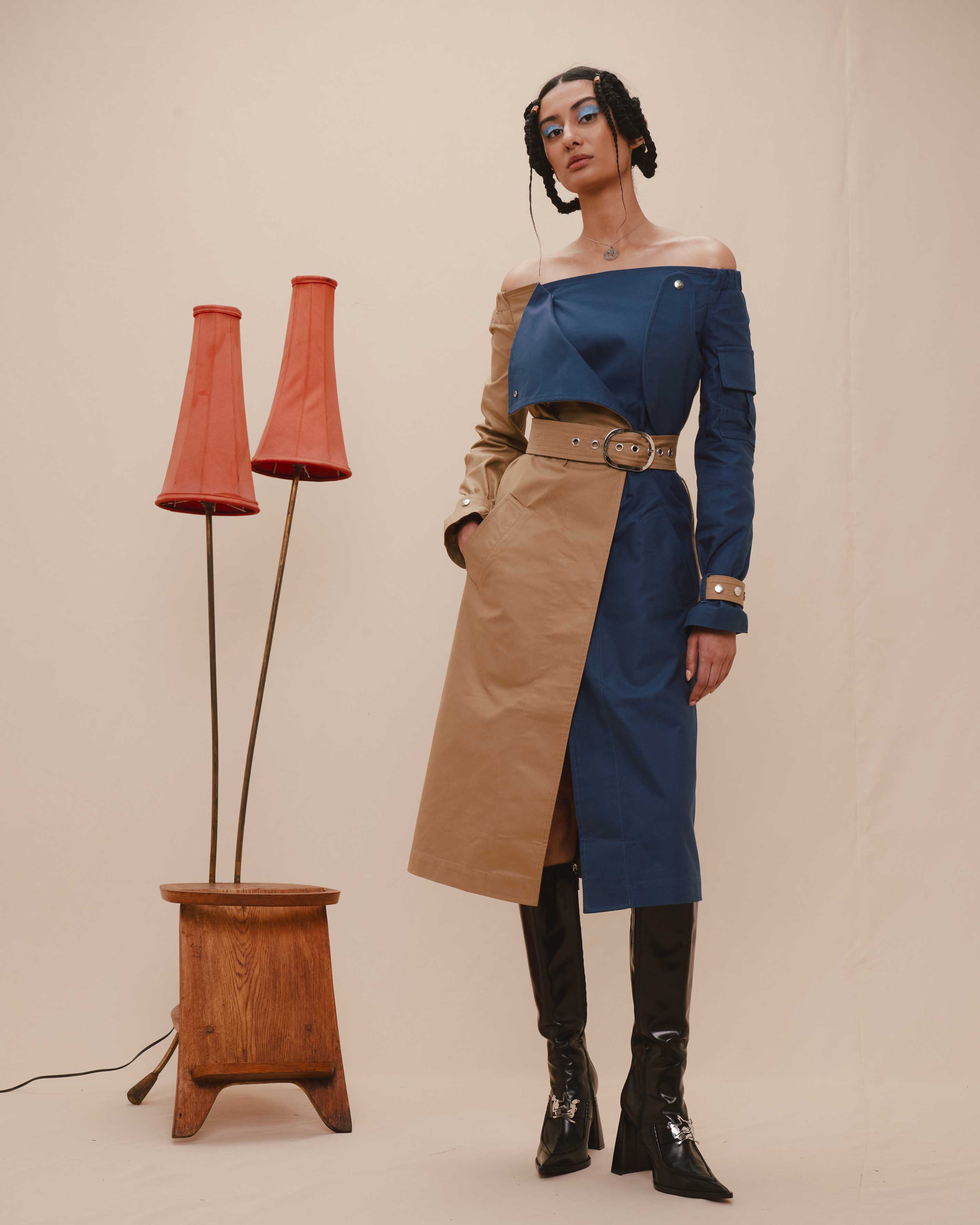 Off Shoulder Bi Colour Trench Coat THEBE MAGUGU