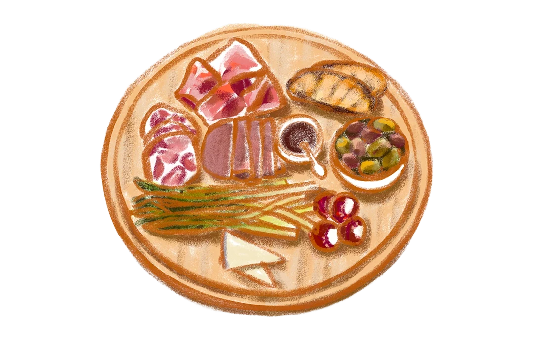 Antipasti spread with salumi, olives, and bruschetta