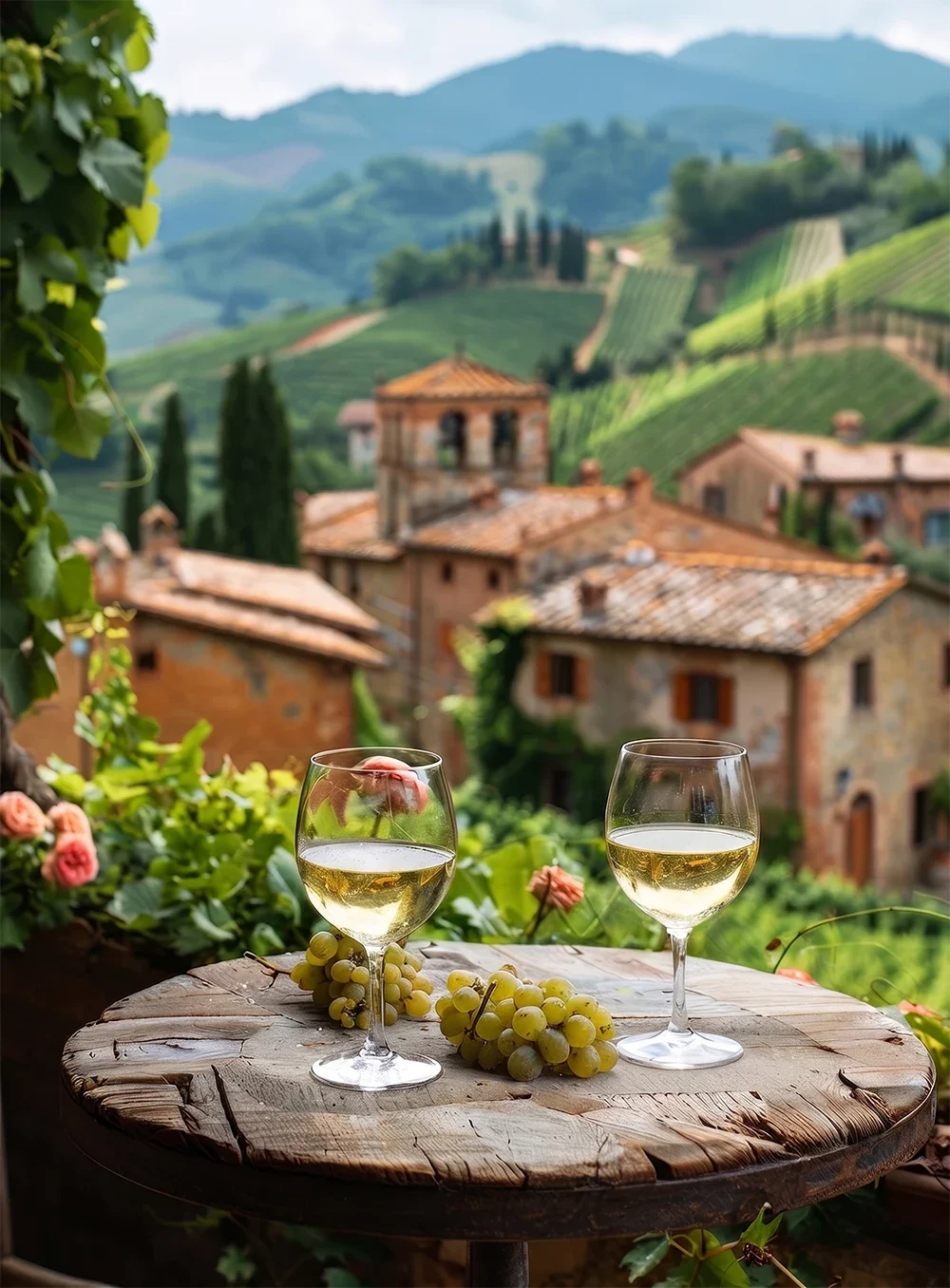 Italian white wine poured at a summer table