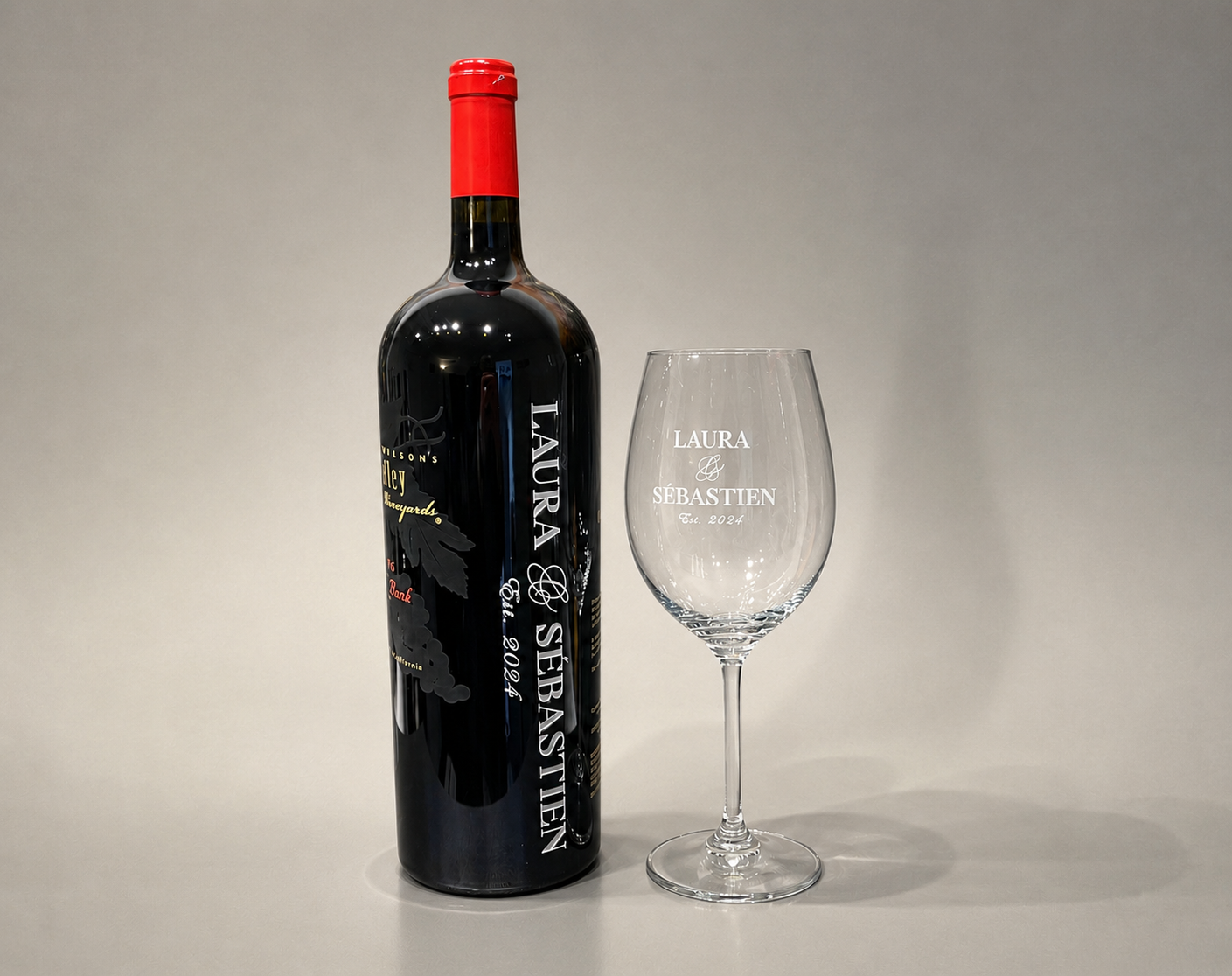 Custom etched wedding wine bottle