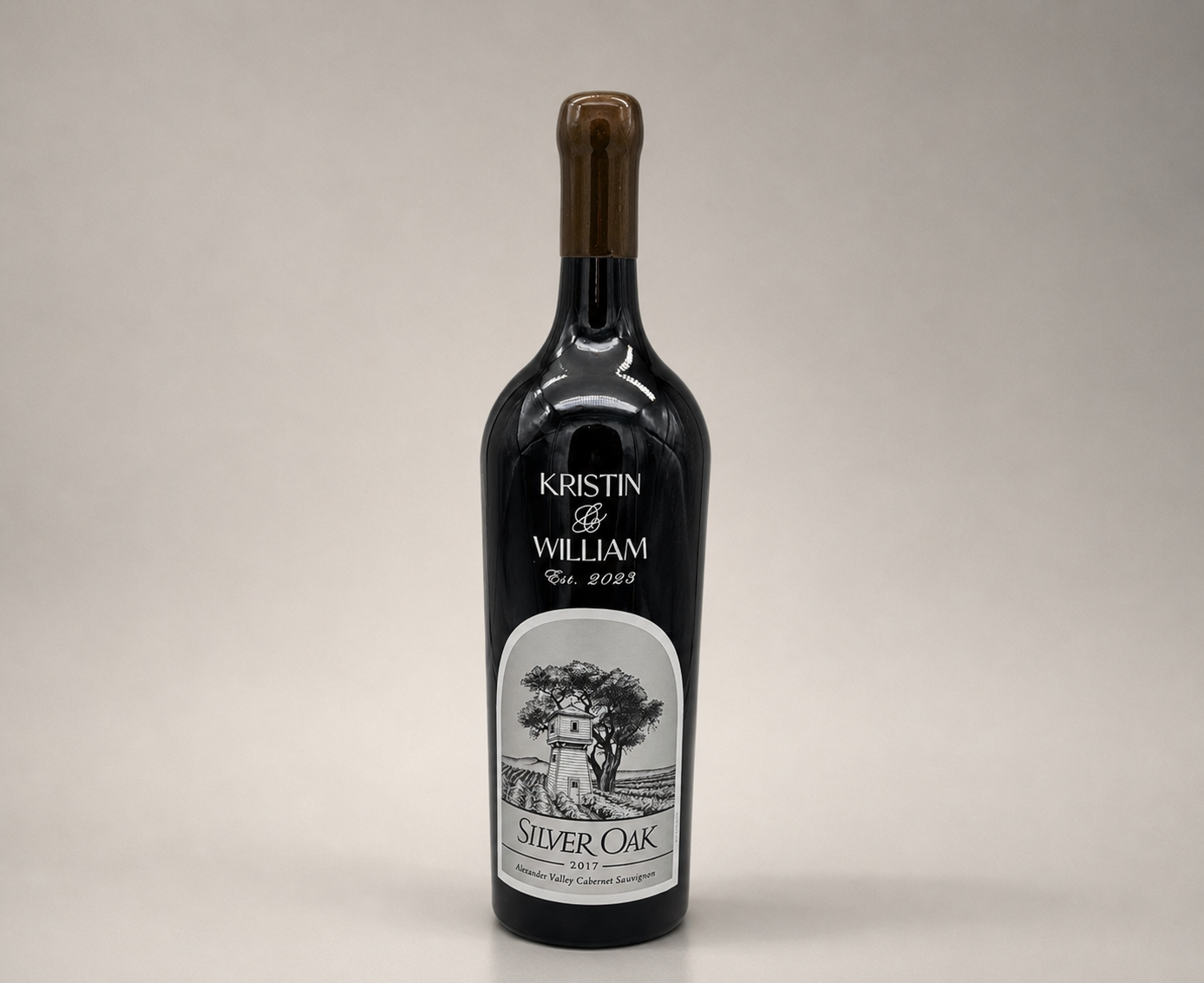 Silver Oak etched wedding wine bottle