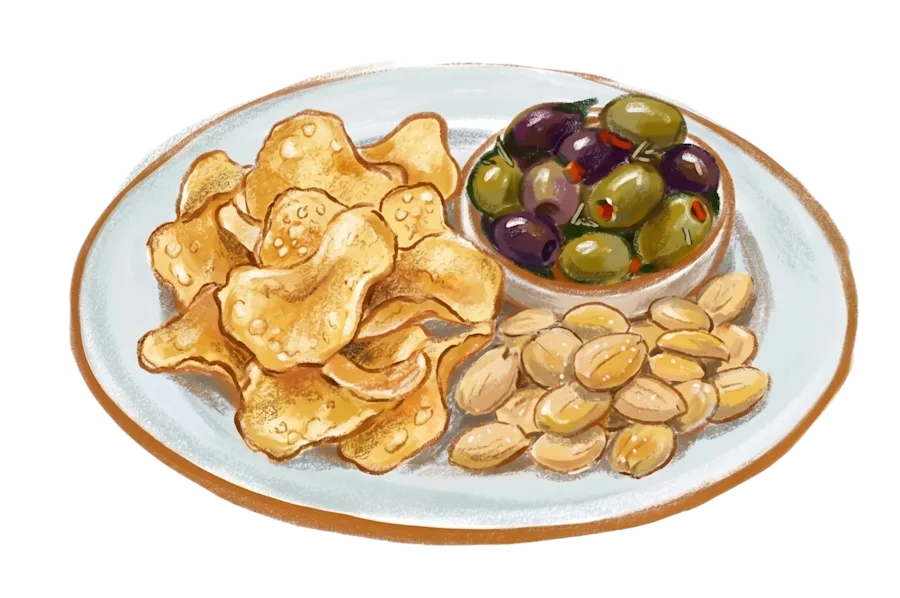 Illustration of bowls of chips, olives and Marcona almonds