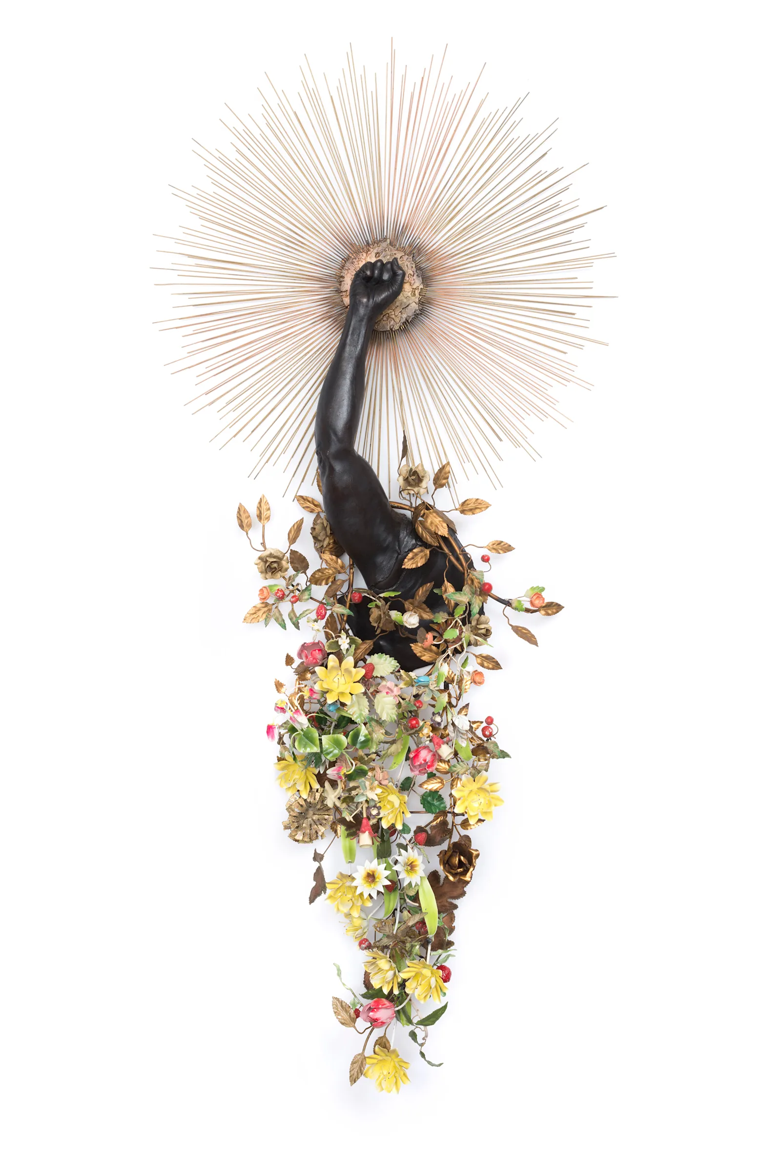 *Arm Peace*, 2018, cast bronze, vintage sunburst and tole flowers.