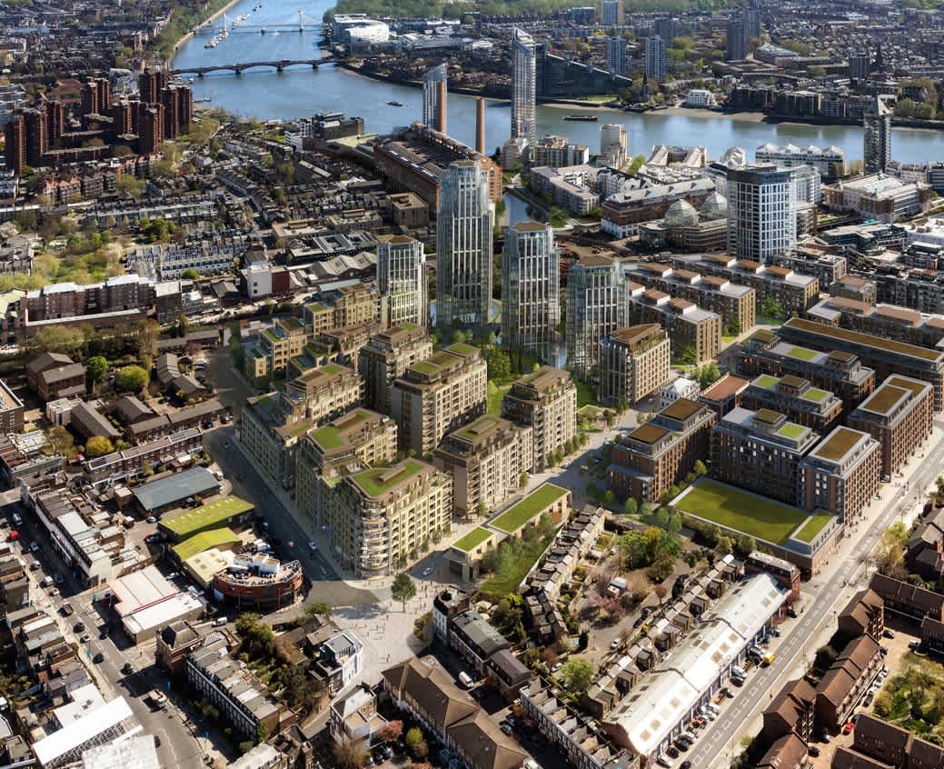 Aerial architectural visualisation of the Fulham Gasworks masterplan