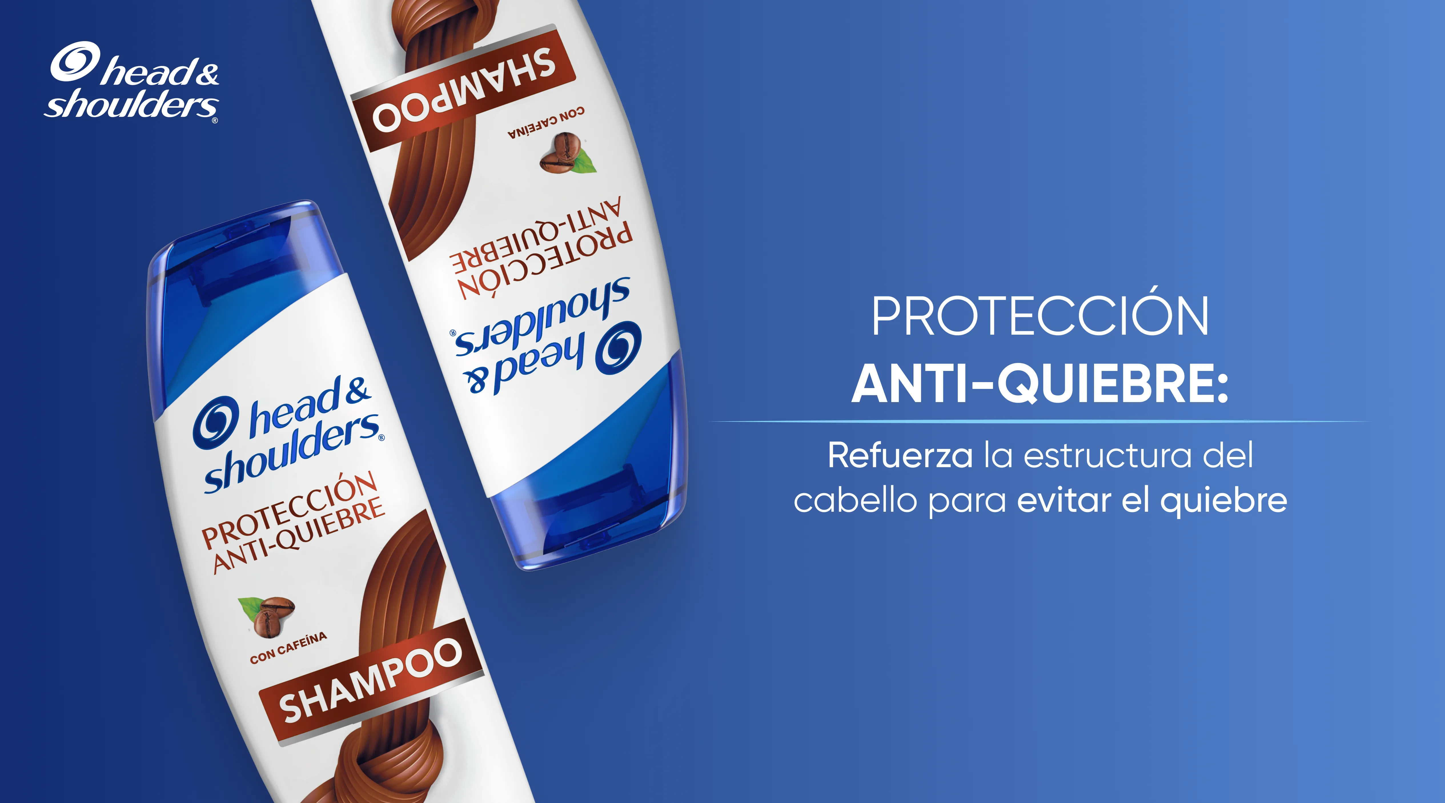 Variedad de productos Head & Shoulders Shampoo Protección Anti-Quiebre sobre fondo azul, con texto "Protección Anti-Quiebre: Refuerza la estructura del cabello para evitar el quiebre¨